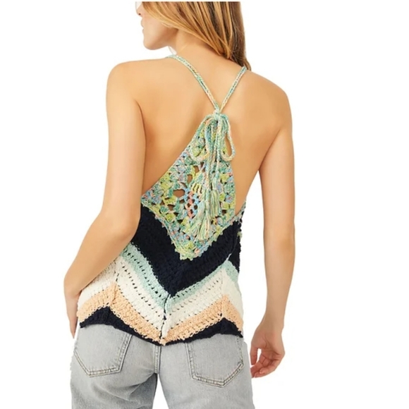 Free People Swim Up V-Neck Sleeveless Back Detail Tie Chevron Crochet Ta… - Picture 2 of 11